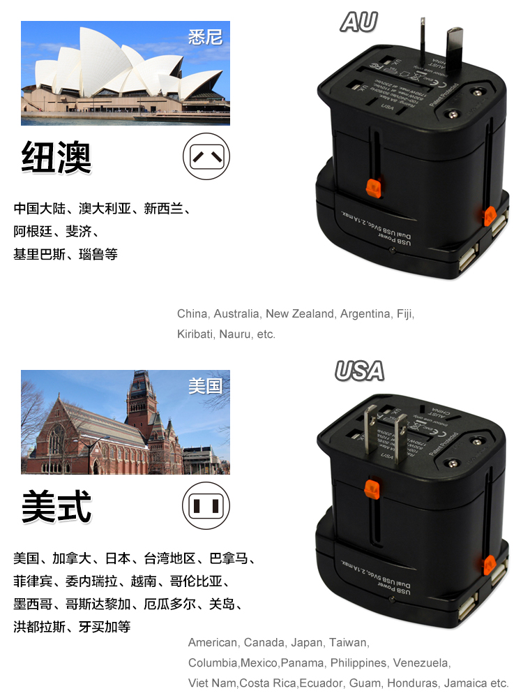 包尔星克 powersync pwc etrun03 万用转换插头全球通双usb